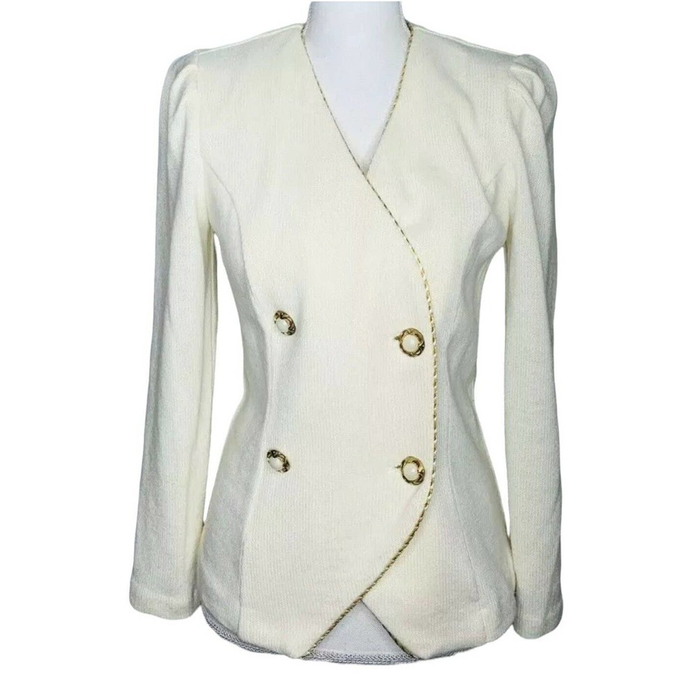 Womens Vintage Matthew & Davis For BL Ivory Gold Trim Knit Sweater Blazer‎ Sz 6P